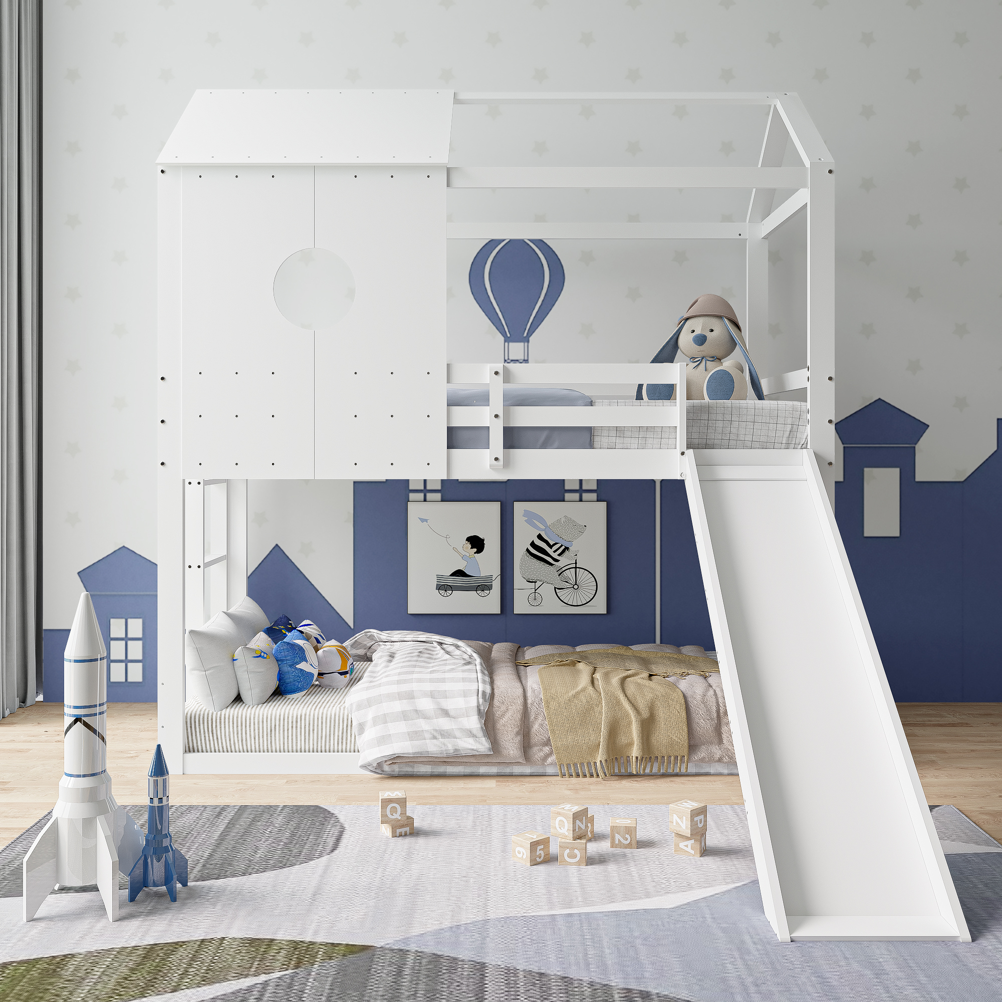 Lit superposé enfant Lazyspace, avec toboggan, lit superposé blanc avec toit, avec protection complète et sommier à lattes, 90 x 200 cm