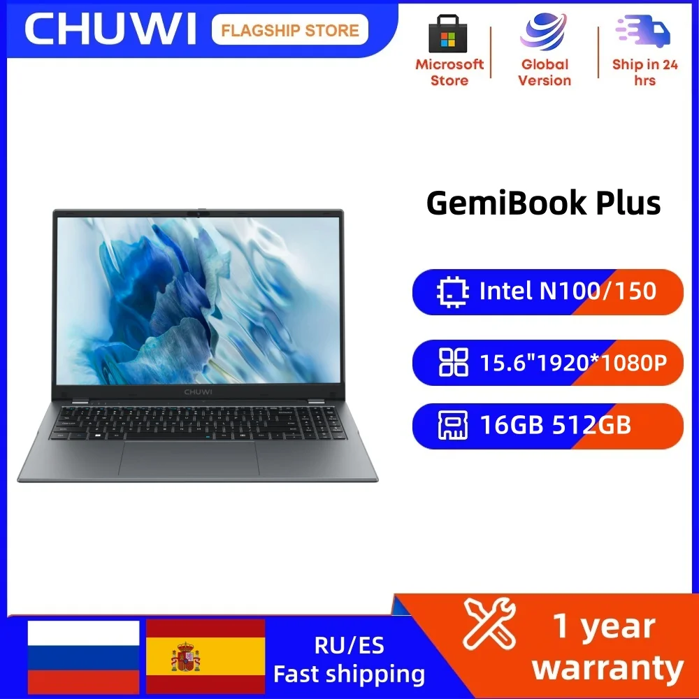 CHUWI 15.6" GemiBook Plus Laptop Intel N100/N150 Grafica per 12a generazione 16 GB di RAM 512 GB SSD 1920X1080P con ventola di raffreddamento Windows11
