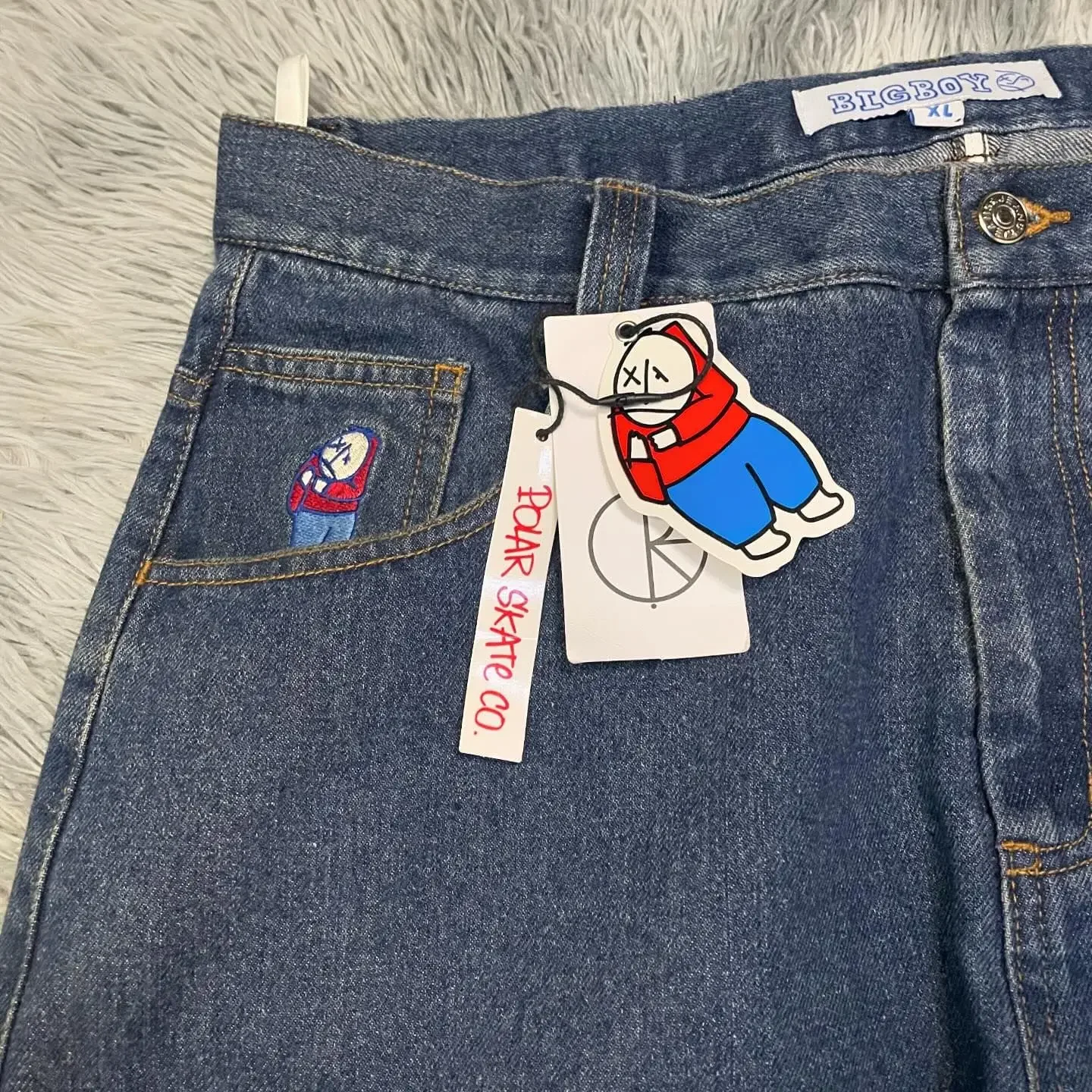 Retro Blue Baggyกางเกงยีนส์Y2KกางเกงHip Hopการ์ตูนStreetwear Polar Big Boyกางเกงยีนส์เย็บปักถักร้อยบุรุษสตรีสูงเอวกางเกงกว้าง