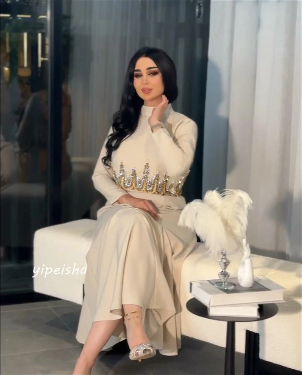 Customized Jersey Sequined Beading Ruched Formal Evening A-line High Collar Bespoke Occasion Gown Midi Dresses