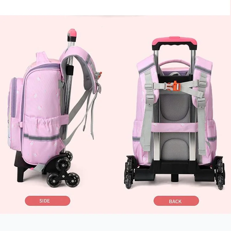 小学生のための防水6輪バックパック、プルロッド、女の子が階段を登る、新しい