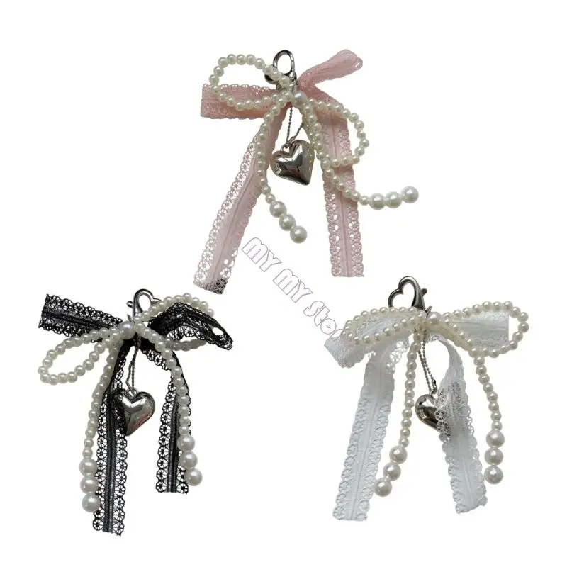 N1he elegan renda busur gantungan gantungan kunci dengan mutiara palsu detail untuk wanita perempuan fashionable tas aksesori