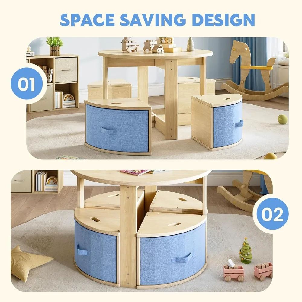 Table and Chair Set, Round Kids Table and Chairs with Nesting Design, Wooden Activity Table & 4 Storage Drawers Chairs