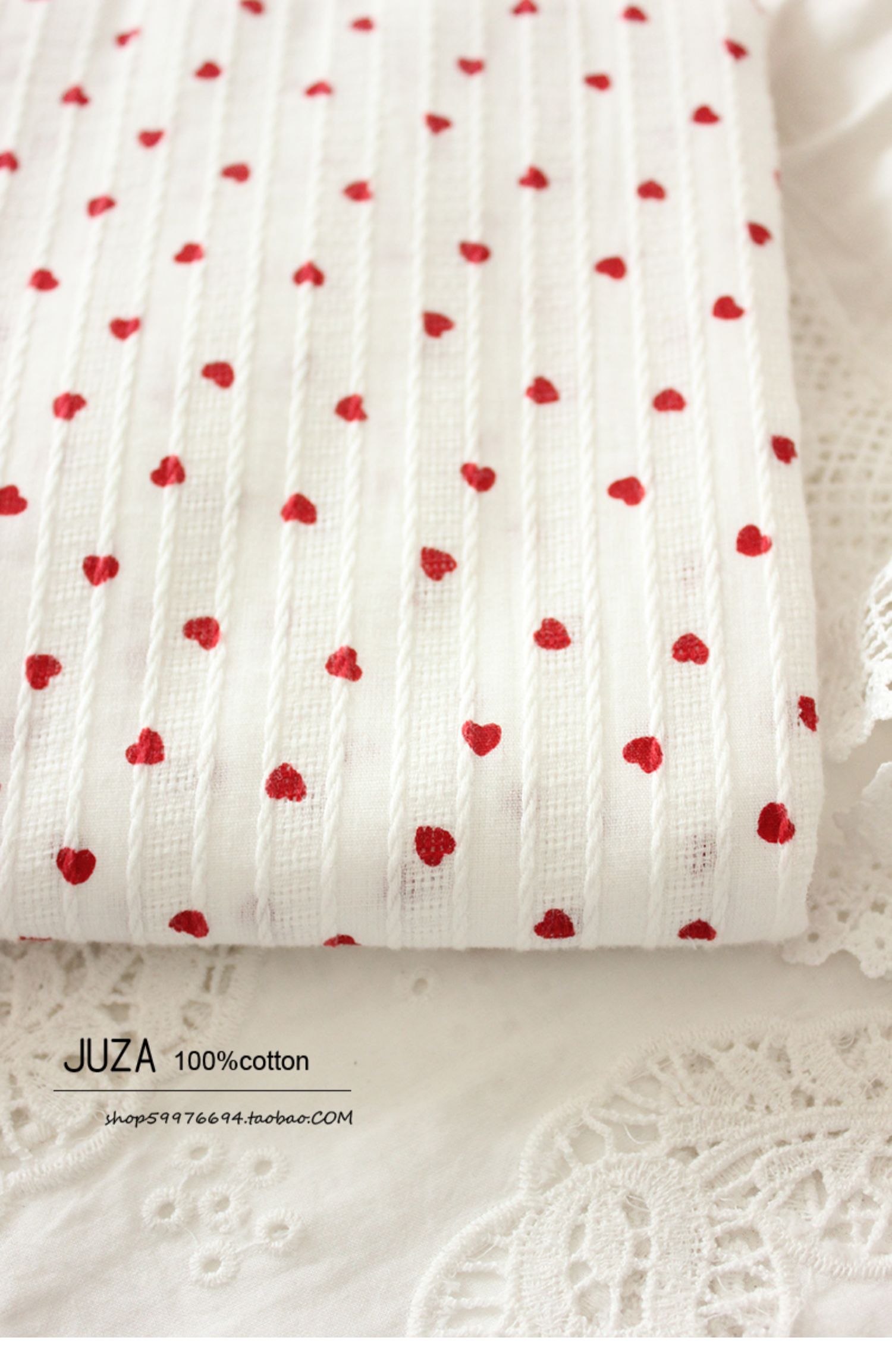 Tela de camisa de corazón pequeño rojo con bordado de flores de algodón puro, tela DIY, 145x50cm