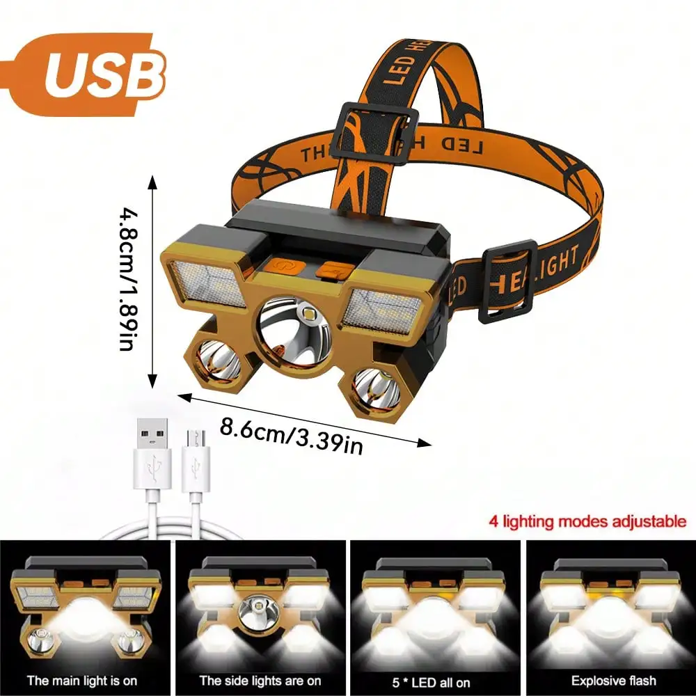 1 unidad, faro LED recargable, 5 LED, recargable por USB, adecuado para acampar al aire libre, exploración, pesca, ciclismo