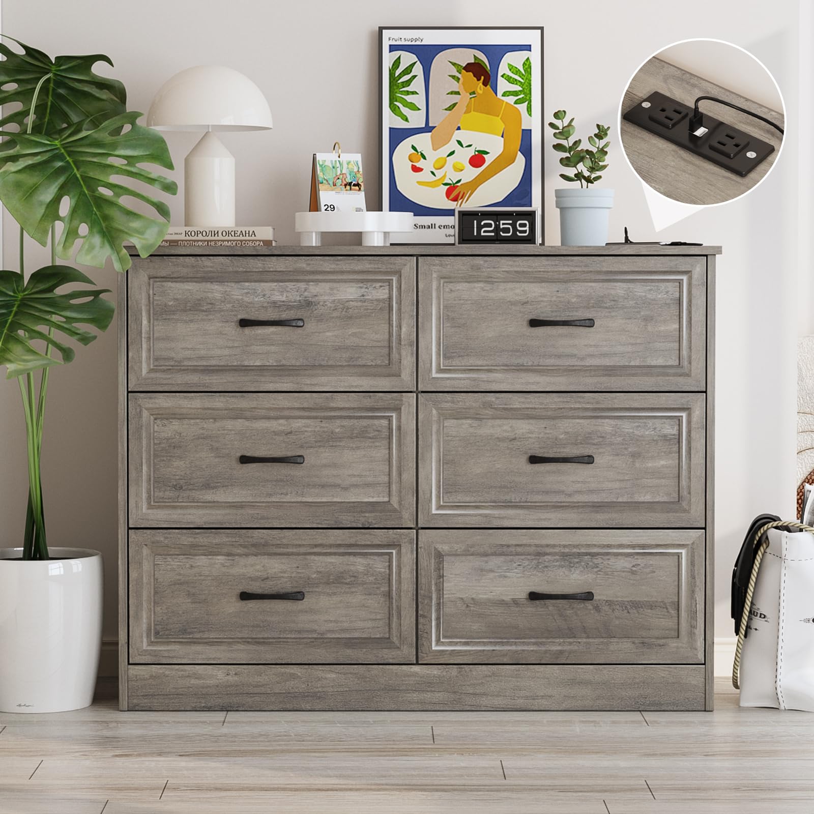 Vabches 6 Drawer Dresser for Bedroom Wood Chest of Drawers with Power Strip Tall Dresser Organizer with Metal Handle for Hallway