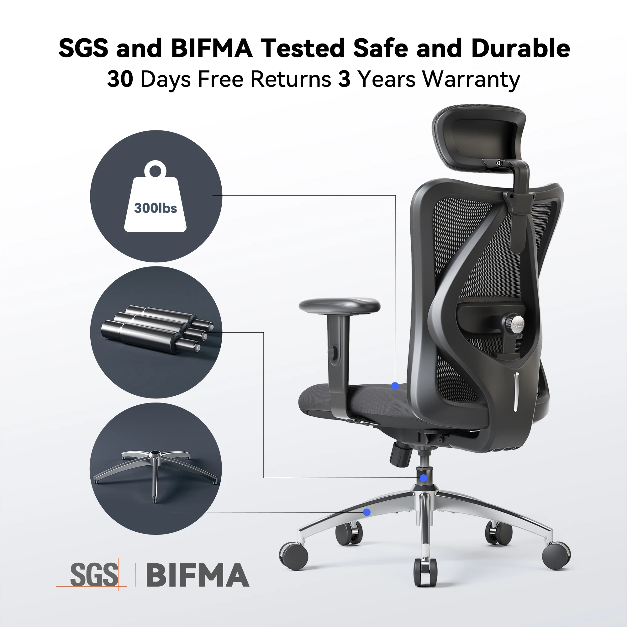 SIHOO M18 Ergonomic Office Chair for Big And Tall People Adjustable Headrest 2D Armrests Lumbar Support PU Wheels Swivel Feature