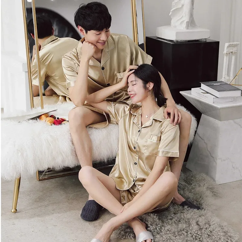 สีทึบชุดนอนผ้าไหมซาตินชุดนอนคู่ชุดแขนสั้นชุดนอน Pijama ผู้หญิงผู้ชาย Loungewear PLUS ขนาด Pj ชุด