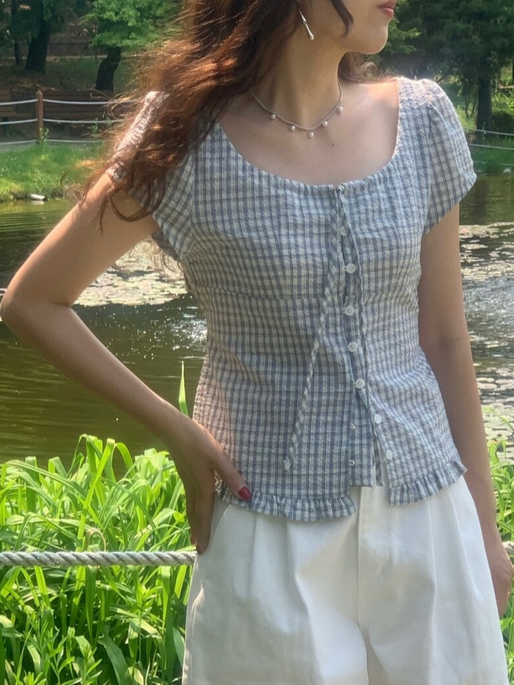 Csa Fena Coreana de Manga Curta com Estampa Xadrez Doce, Design Versátil, Efeito Emaecedor, Nova Chegada de Verão, E...