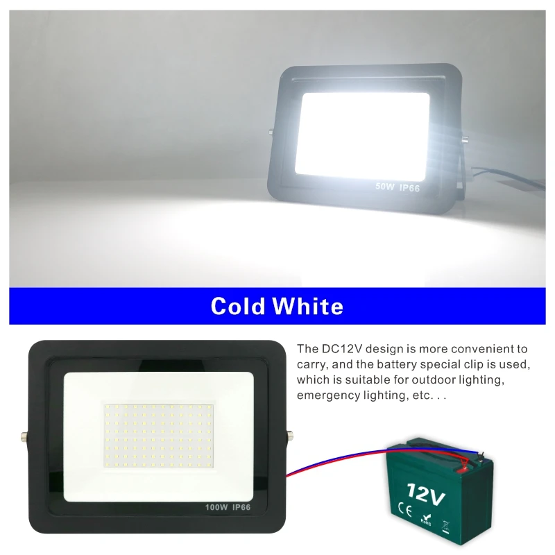 DC12V Đèn Led 20W 30W 50W 100W Ngoài Trời Pha Đèn IP66 Chống Thấm Nước Nhẹ Phản Quang Di Động 12 V Đèn Led