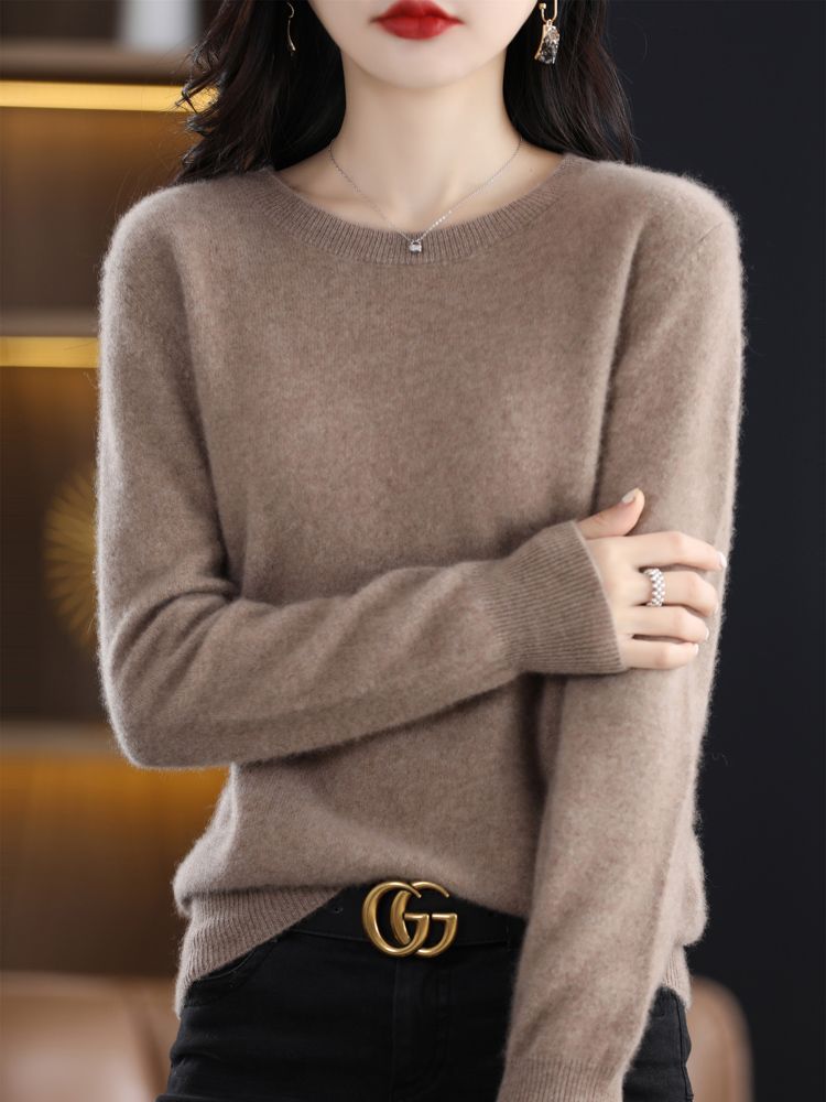 女性 100% メリノウールセーター O ネック長袖カシミヤニットプルオーバー Aliselect ファッション秋冬服トップス