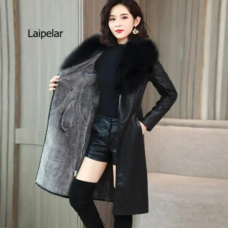 Chaqueta de invierno para mujer, Parkas acolchadas de algodón y cuero 2022, chaqueta larga gruesa y cálida de cuero PU de terciopelo, abrigo de invierno para mujer