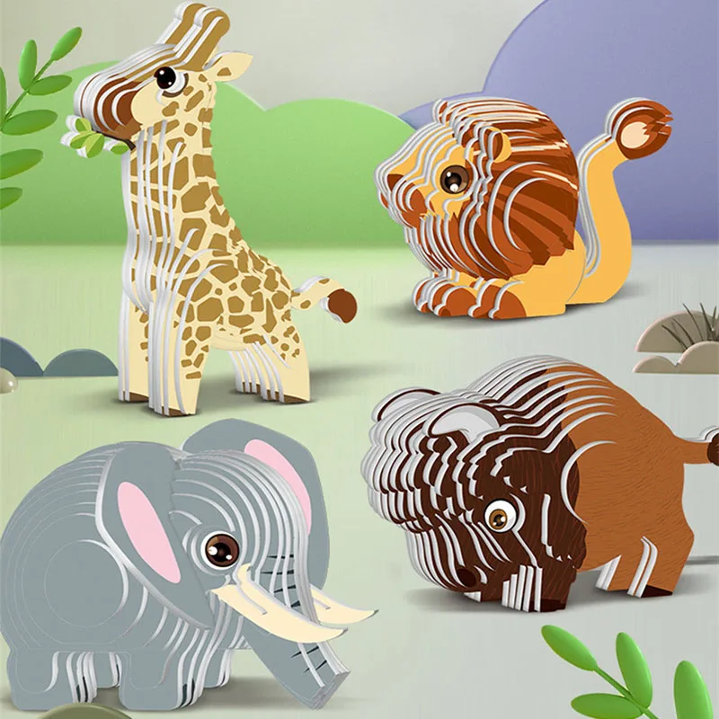 3D DIY Puzzle Animal Theme Lion Tiger Rabbit Model Cartoon Paper Toy Kids Early Learning Assembly Three-dimensional Jigsaw Toy