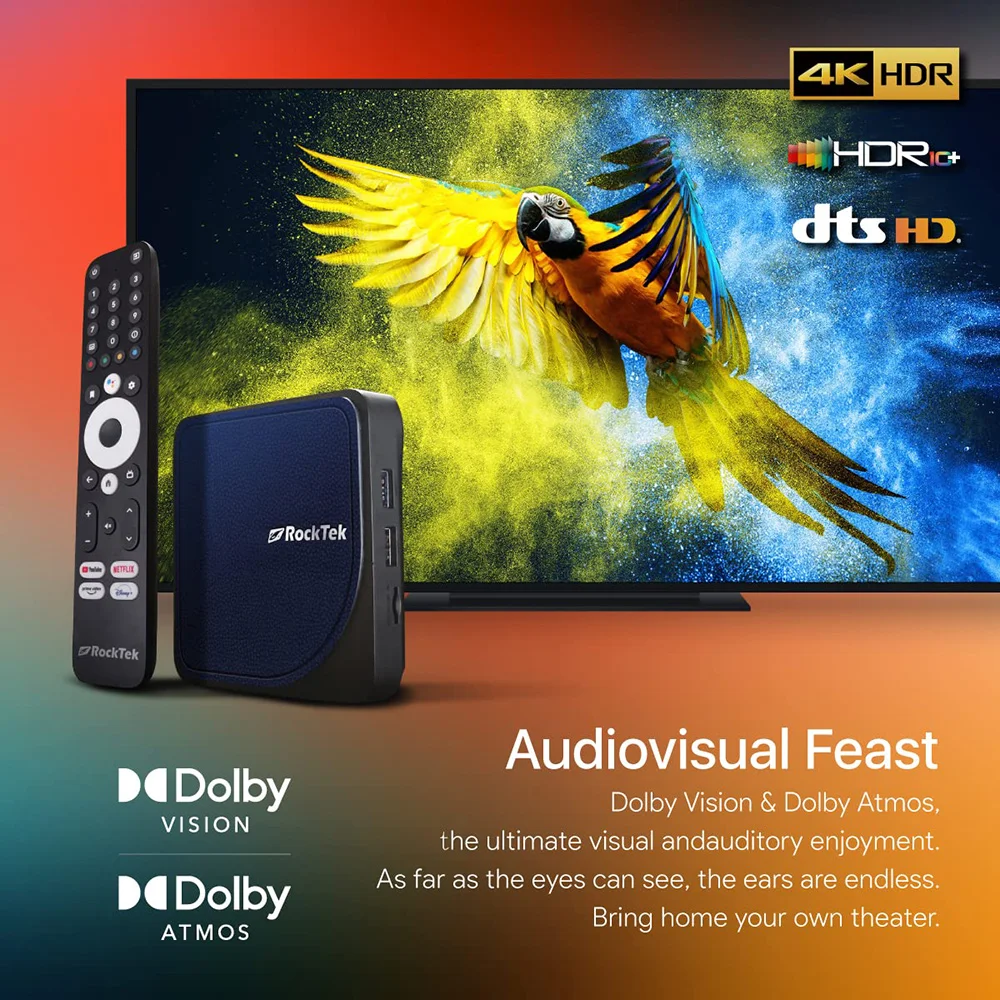 RockTek G2 4K Android TV 12 o 14 ATV Stream Box Netflix Certificado Google Amlogic S905X4-K Compatible con DTS Dolby Audio Dolby Vision
