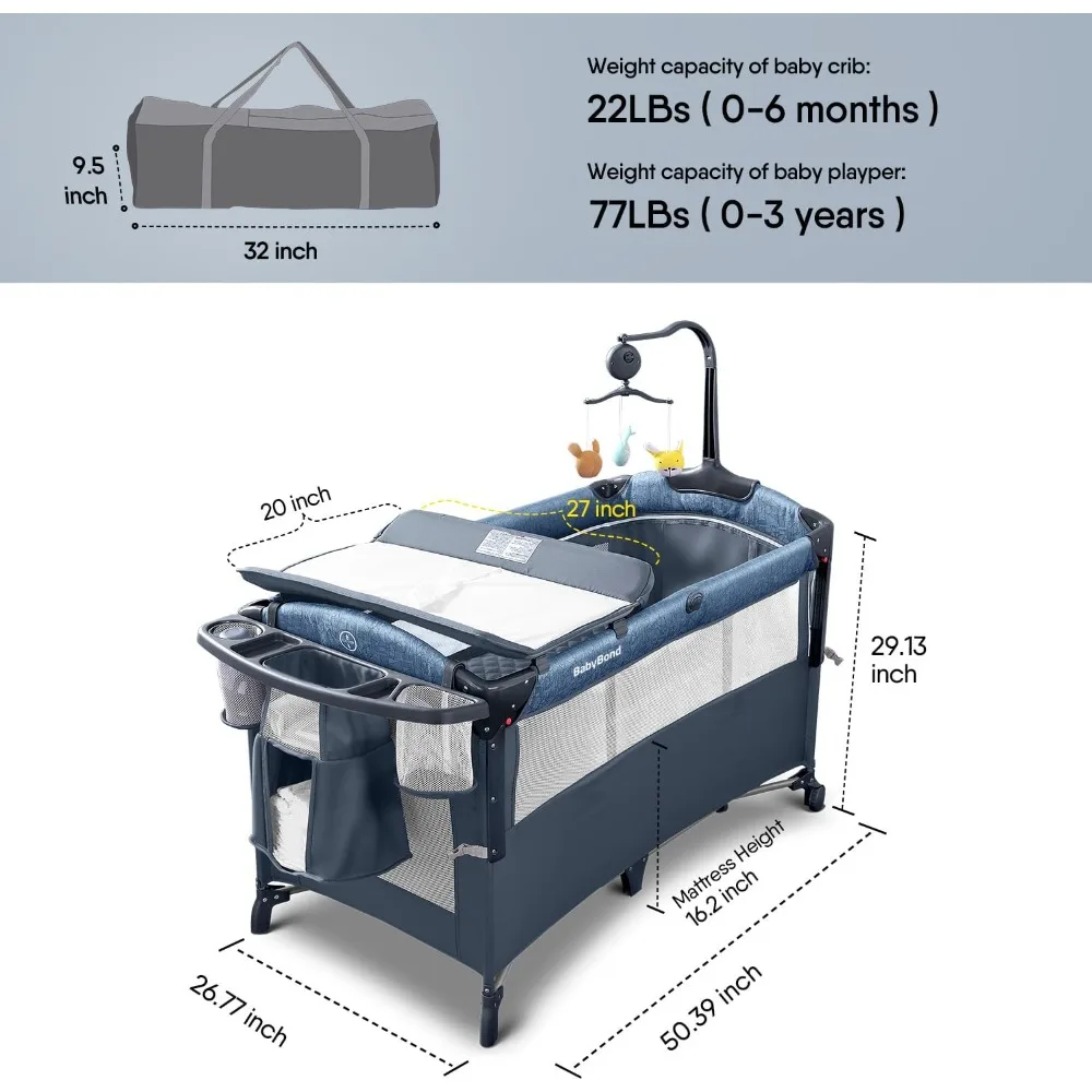 Bassinet Bedside Crib, Pack and Play with Sheet, Diaper Changing Table and Music Mobile from Newborn to Toddles, Portable