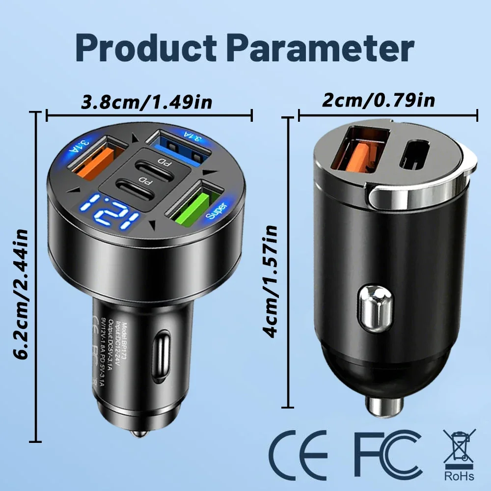 ​ 250W 5-poorts PD QC3.0 snelle USB-C autotelefoonoplader Type C-adapter in auto met trekring ​ ​   Voor IPhone12-16/Xiaomi/Samsung/Huawei