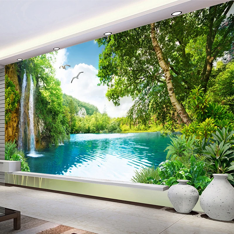 Custom 3D ภาพจิตรกรรมฝาผนังวอลล์เปเปอร์ตกแต่งบ้านสีเขียวภูเขาน้ําตกธรรมชาติภูมิทัศน์ 3D วอลล์เปเปอร์สําหรับห้องนั่งเล่นห้องนอน