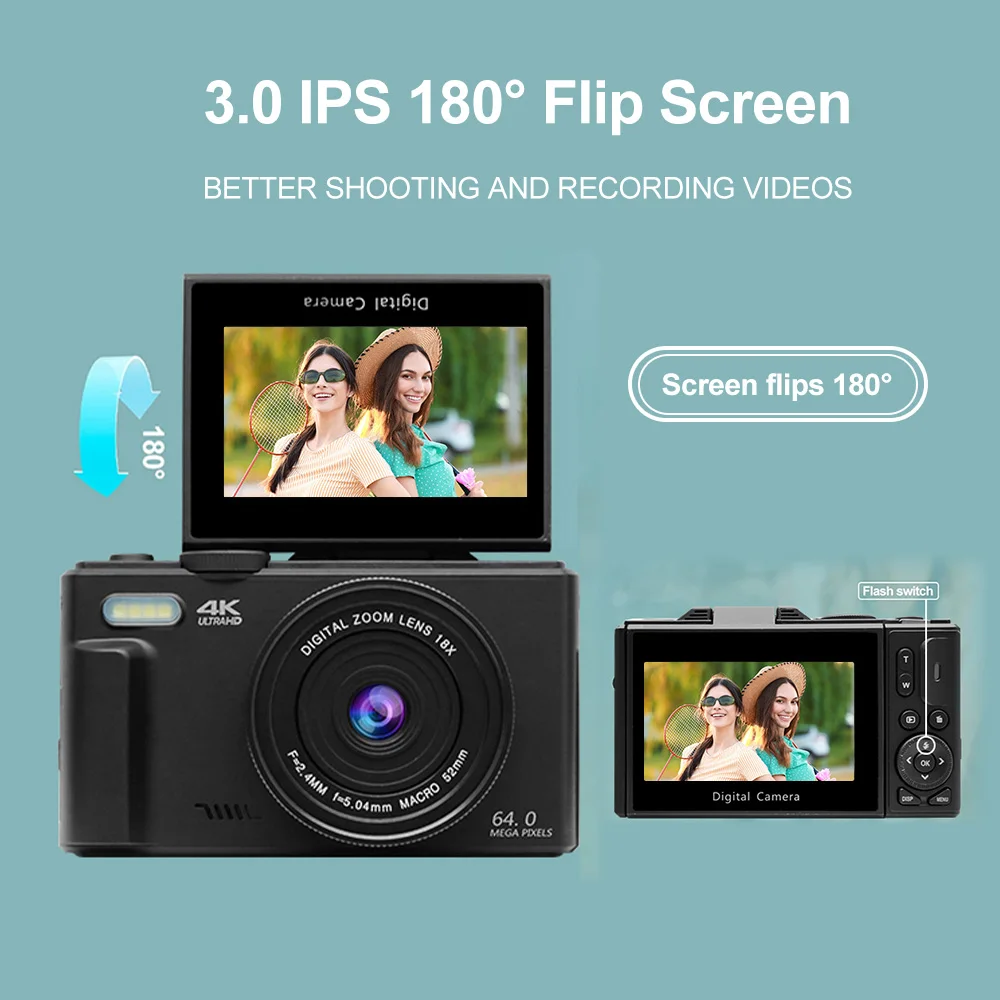 4K Digitalkamera 64MP 3,0 Zoll Drehbarer Bildschirm 18X Digitalzoom WiFi Vlog Camcorder Retro Videorecorder YouTub Webcam Kameras