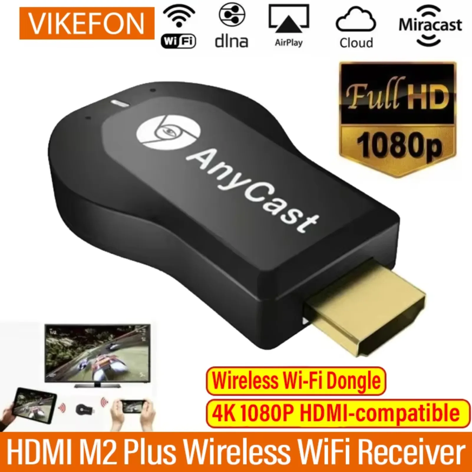 VIKEFON 4K 1080P M2 Plus Wireless WiFi Display HDMI-Kompatibel TV Dongle Empfänger für DLNA Airplay Miracast für AnyCast für IOS