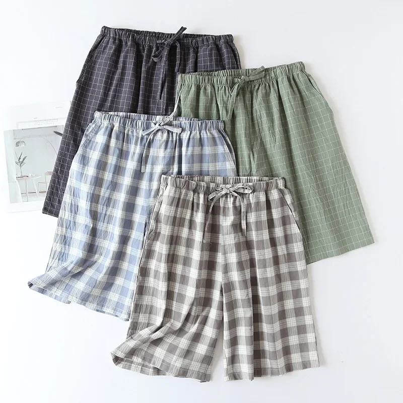 Ropa de dormir de diseño a cuadros para hombre, pantalones cortos de pijama para verano, ropa de casa holgada de algodón fino de doble capa, ropa de salón, pantalones Pj a cuadros