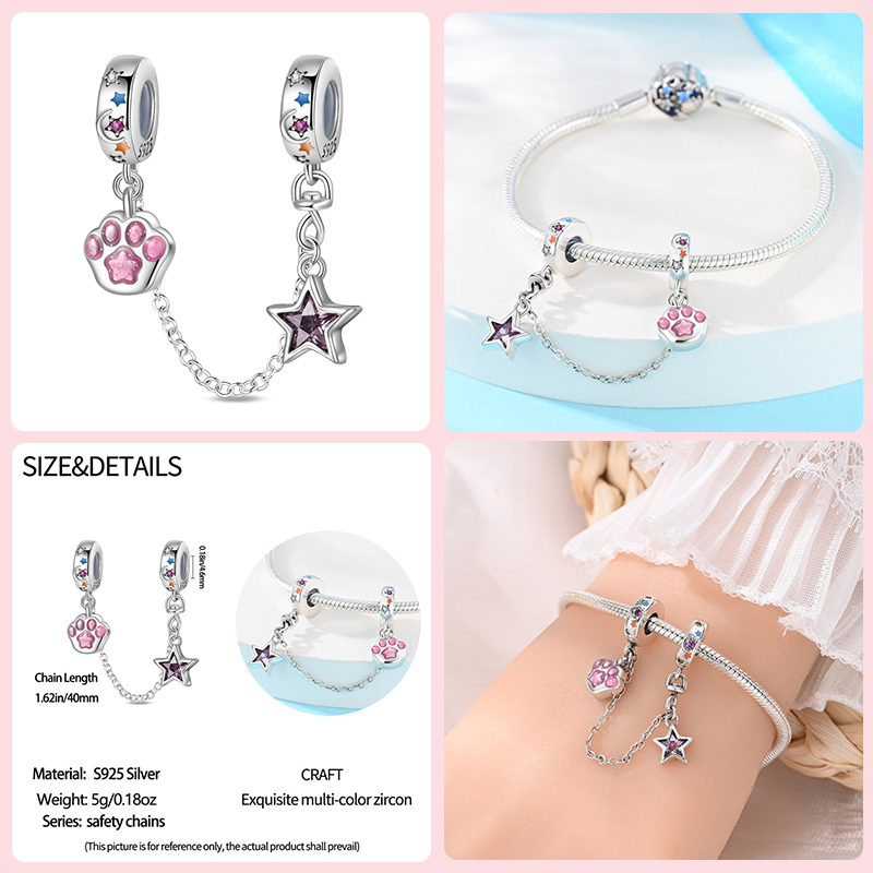 925 Sterling Silver Heart Shaped Keylock Cross Pattern Fantasy Cat Claw Safety Chains Fit Qikaola Original Bracelets DIY Jewelry