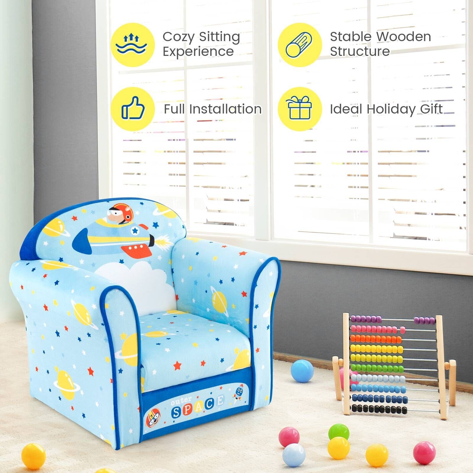 GOFLAME Kids Sofa Children Armrest Upholstered Chair Cute Pattern Armchair Solid Frame