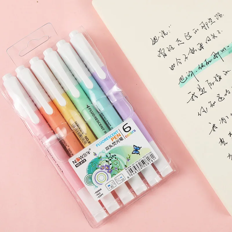 6 ชิ้น/เซ็ต Double HEAD Fluorescent Highlighter ปากกาเครื่องหมายพาสเทลปากกาสําหรับนักเรียนโรงเรียนอุปกรณ์สํานักงานเครื่องเขียนน่ารัก