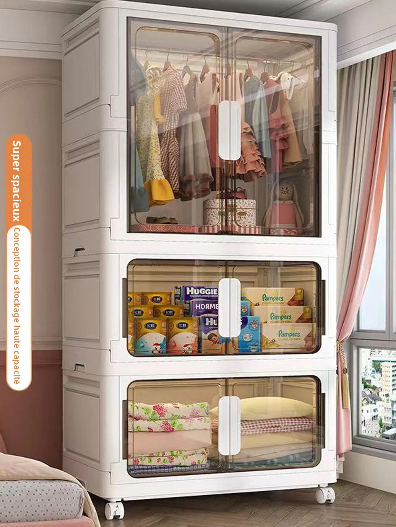 Armoire de rangement pliable, organisateur de placard multi-scènes pour la maison, le bureau, la cuisine, la salle de bain, gain de place avec portes