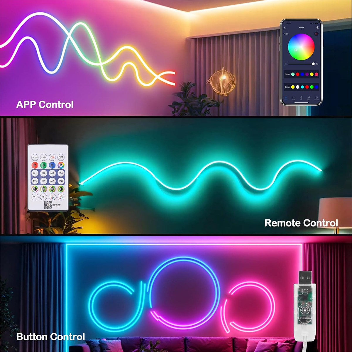 Luzes de tira de néon led rgbic alimentadas por usb com controle remoto diy inteligente neon flex luzes led para decoração de sala de jogos de quarto