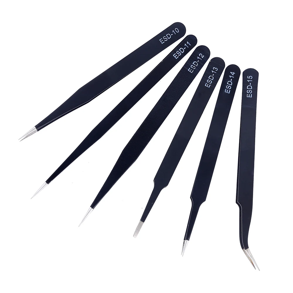 6Pcs Anti-static ESD Tweezers Maintenance Tool Industrial Precision Curved Straight Tweezers Repair Tools Set