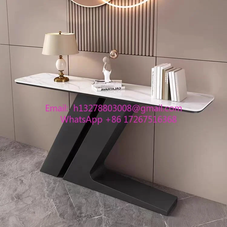 Foyer menempel di dinding, ornamen dekoratif minimalis, meja teras lempengan batu.