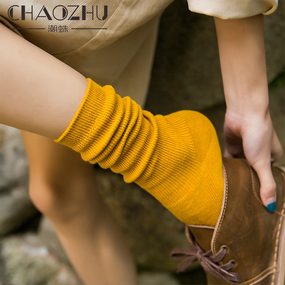CHAOZHU, calcetines altos japoneses coreanos para chicas de secundaria, calcetines largos sueltos de colores sólidos con agujas dobles, calcetines largos de algodón tejidos para mujeres