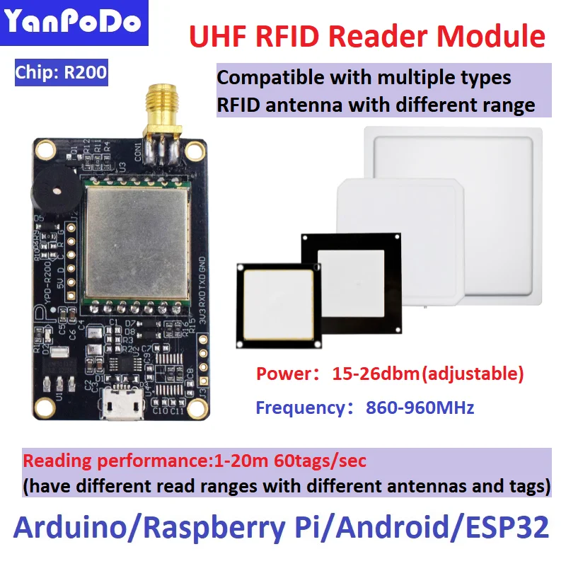 Mini módulo RFID UHF integrado, lector de tarjetas de Control de acceso Raspberry Pi, antena de 0-5,5dbi, lector de módulo RFID integrado