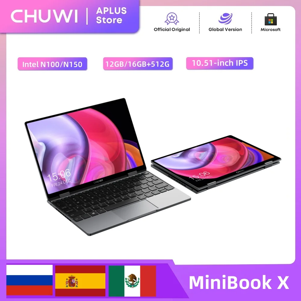 CHUWI MiniBook X 투인원 태블릿 노트북, 인텔 N100 노트북, 12GB LPDDR5 512G SSD, 10.51 인치 FHD IPS 스크린, WiFi6 PC, 윈도우 11 노트북