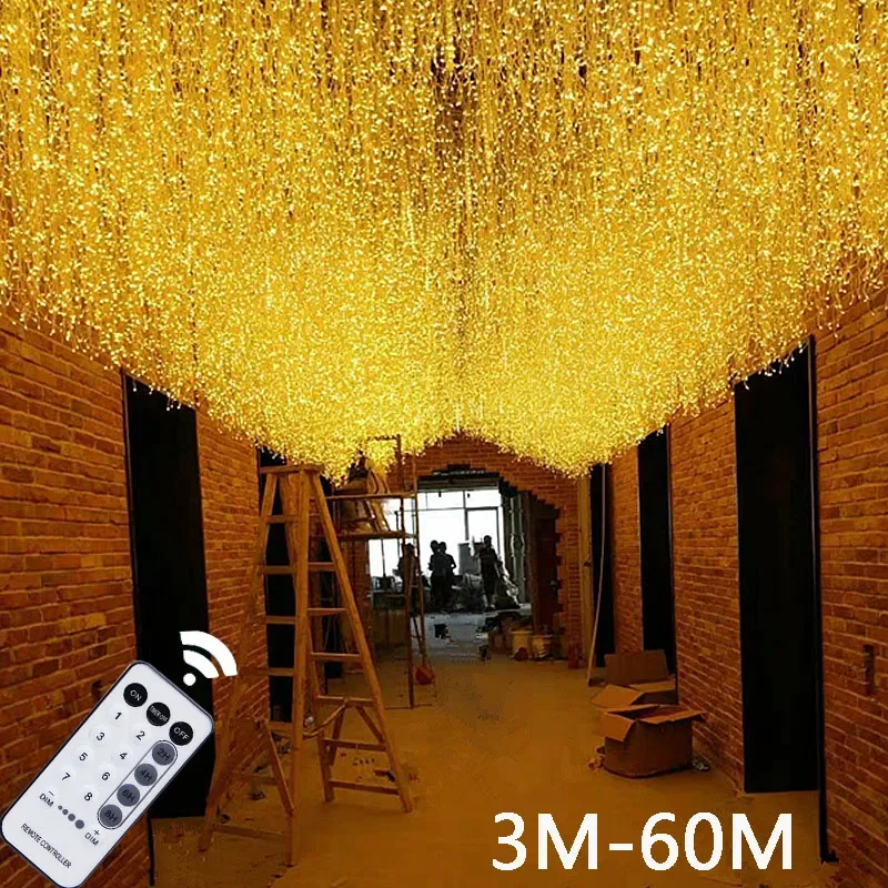 Guirnalda de luces de hadas impermeables para exteriores, adornos navideños de Ramadán para cortina LED, guirnalda de calle de carámbanos en la casa, invierno