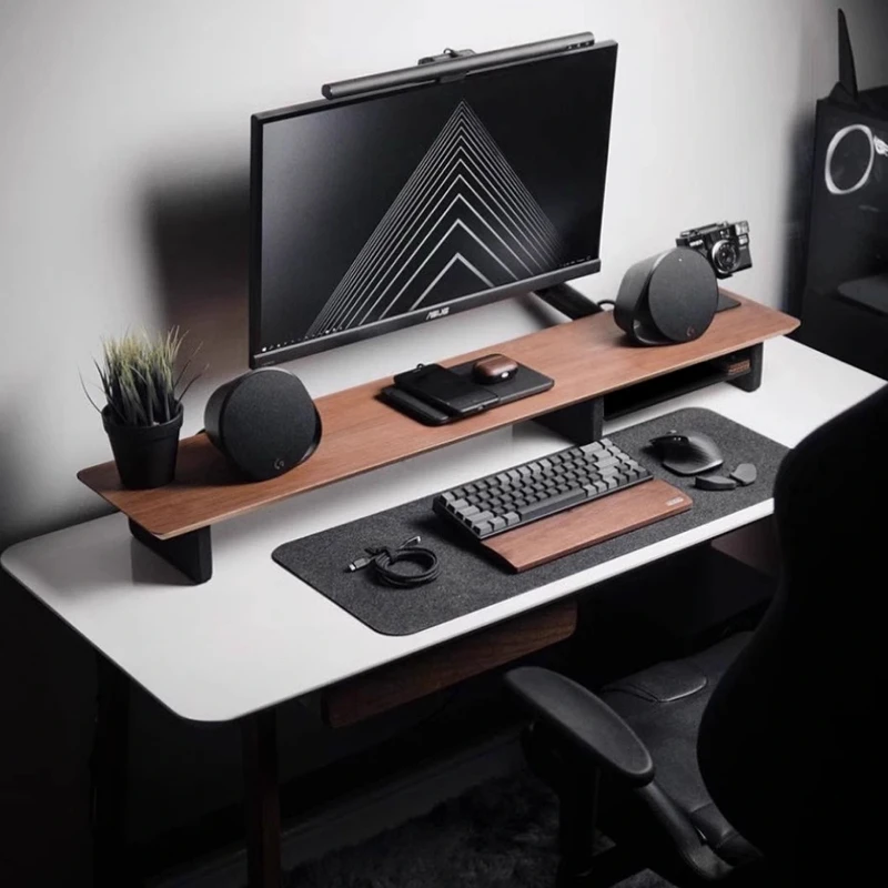 ไม้วอลนัทคอมพิวเตอร์ Riser พร้อมลิ้นชัก Desktop Storage Rack Double-Layer ขาตั้ง Modern Office Space Saving Organizer