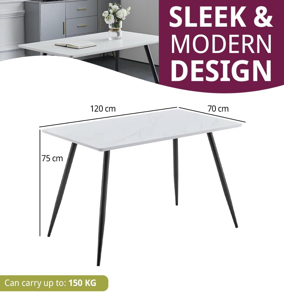 Furniture Cullompton Small Table, Rectangular Dining Table, Kitchen Table with White Marble Effect Top and Black Legs,