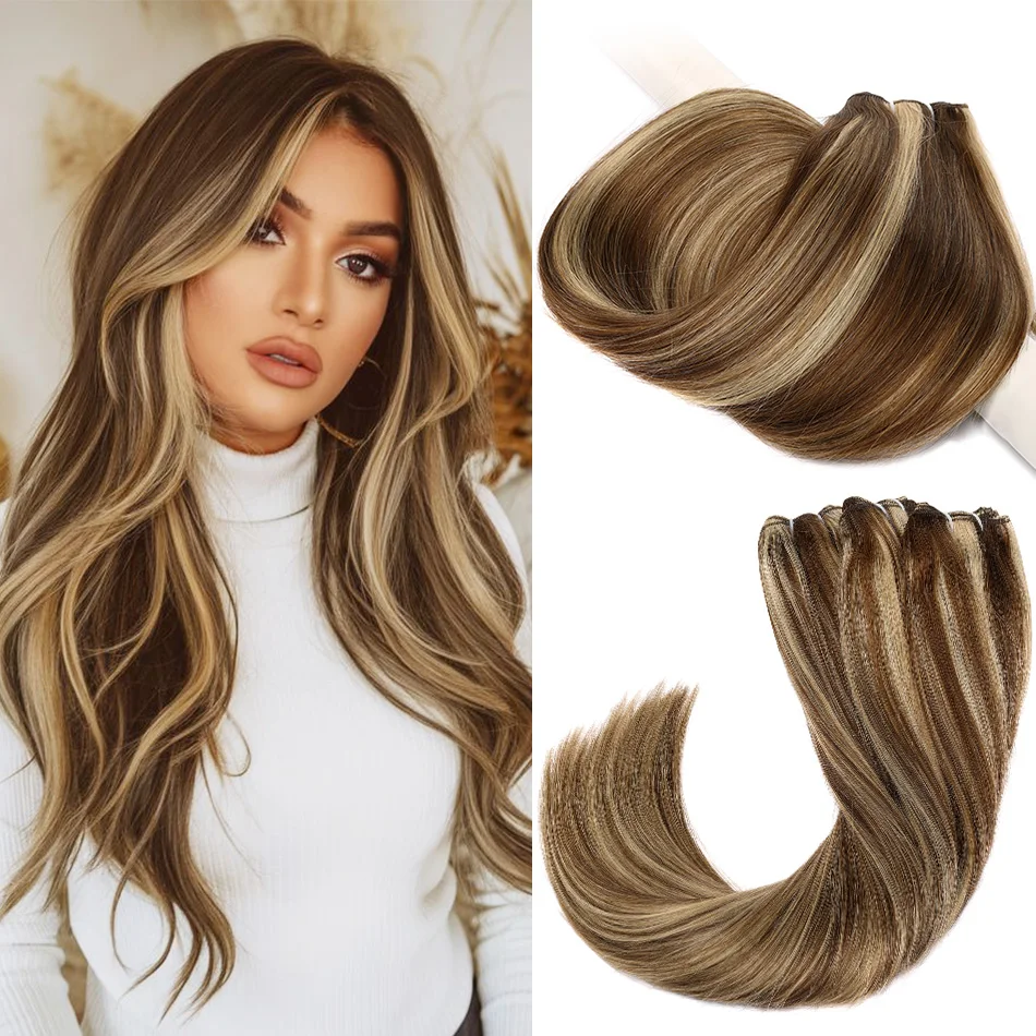 Pacotes de cabelo humano reto europeu remy cabelo humano tece costurar em extensões de trama cabelo natural marrom loiro 14 "-28 polegadas bhf