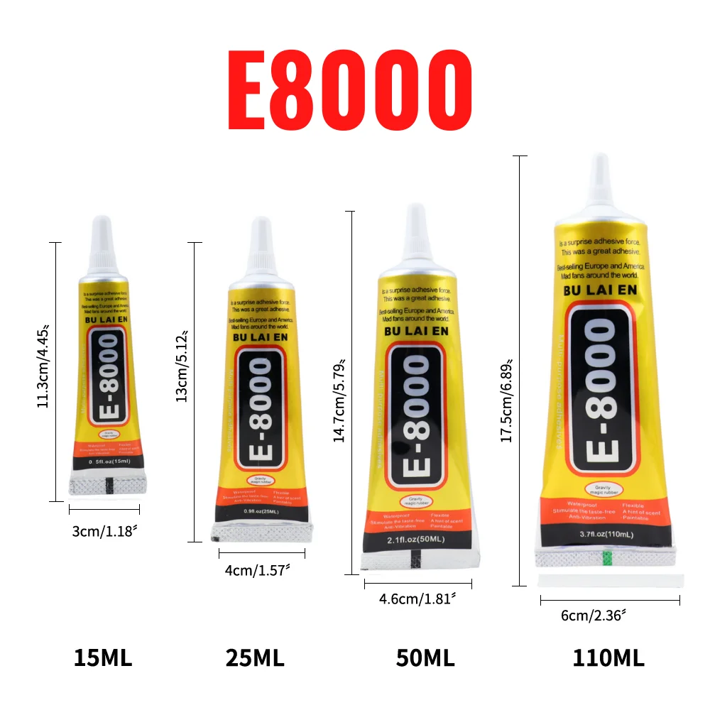 E8000 Klarer Kontakt-Telefonreparaturkleber E-8000 Stofftuch Mehrzweckkleber mit Präzisionsapplikator 15 ml 25 ml 50 ml 110 ml