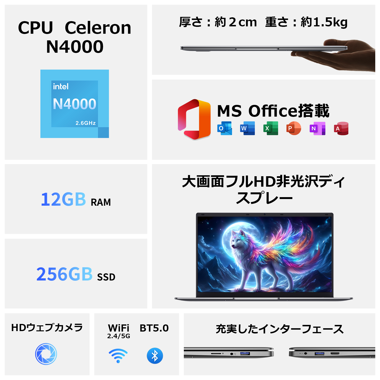 15.6インチ 薄型＆ポータブルノートパソコン Intel Celeron N4000 12GB RAM 256GB SSD FHD 1920x1080 16:9ディスプレイ 仕事や学習に