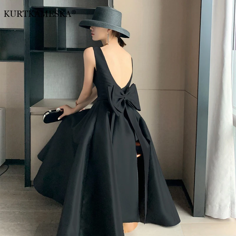 Sexy Hở Lưng Nơ To-Đính Nơ Tối Khách Dài Đảng ĐẦM MÙA HÈ Cho Nữ 2022 Màu Đen Sang Trọng Vũ Hội Bóng Sinh Nhật áo Choàng Vestidos