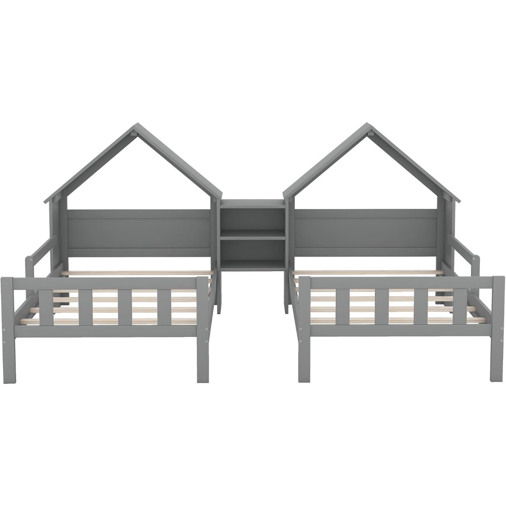 SOFTSEA Double Twin Bed Frame for Kids, Twin House Bed with Nightstand, Double Bed Frame House