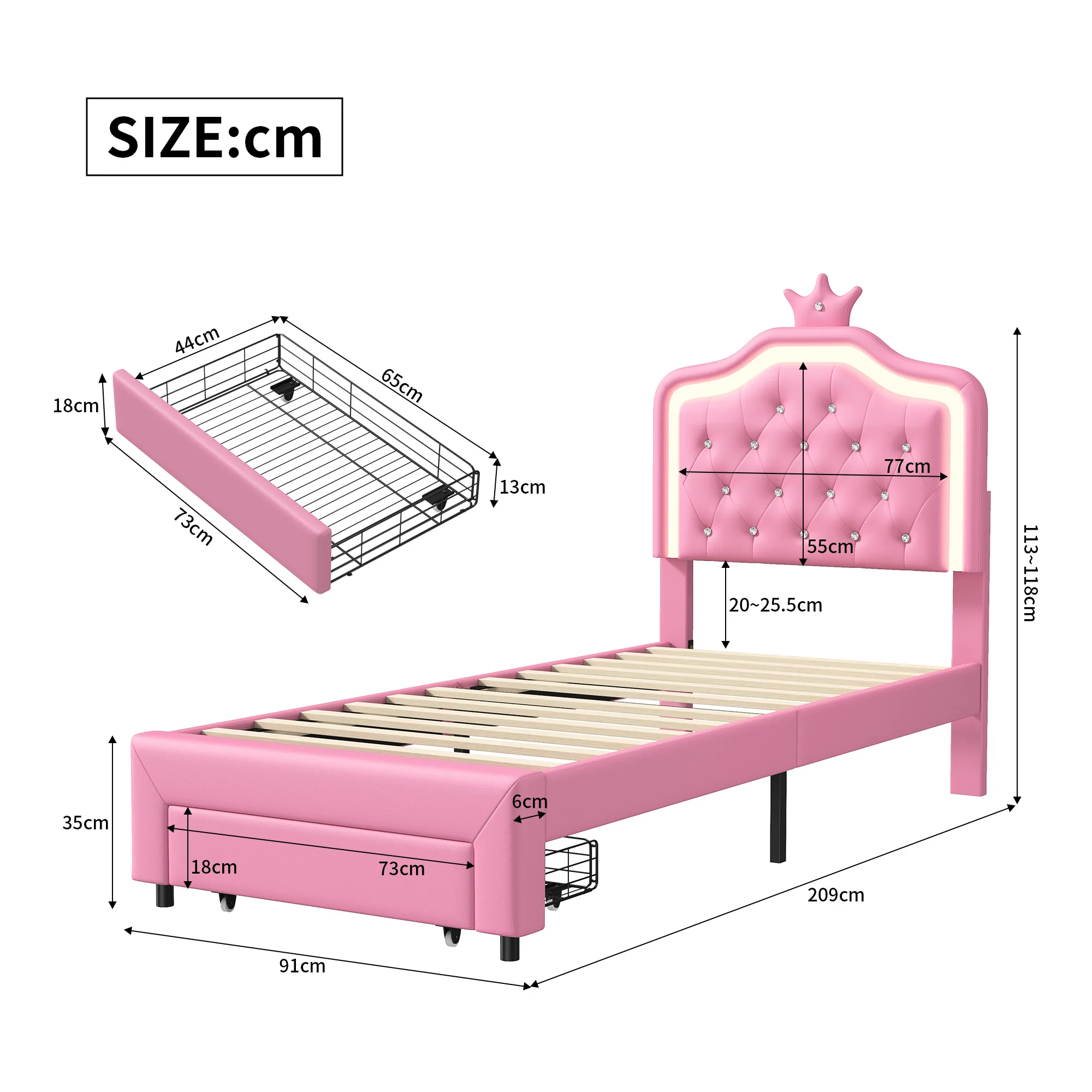 Letto per bambini, letto singolo piatto 90*200cm, letto principessa a forma di corona, rivestimento in morbida pelle PU, striscia luminosa ambientale a LED regolabile