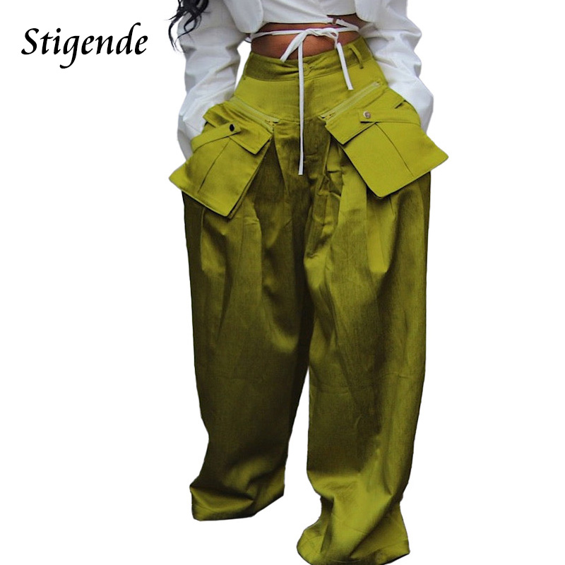 Stigende Wide Leg Loose Cargo Pants Women Removable Pocket Hip Hop Pants Patchwork Stretch Straight Baggy Trousers Streetwear