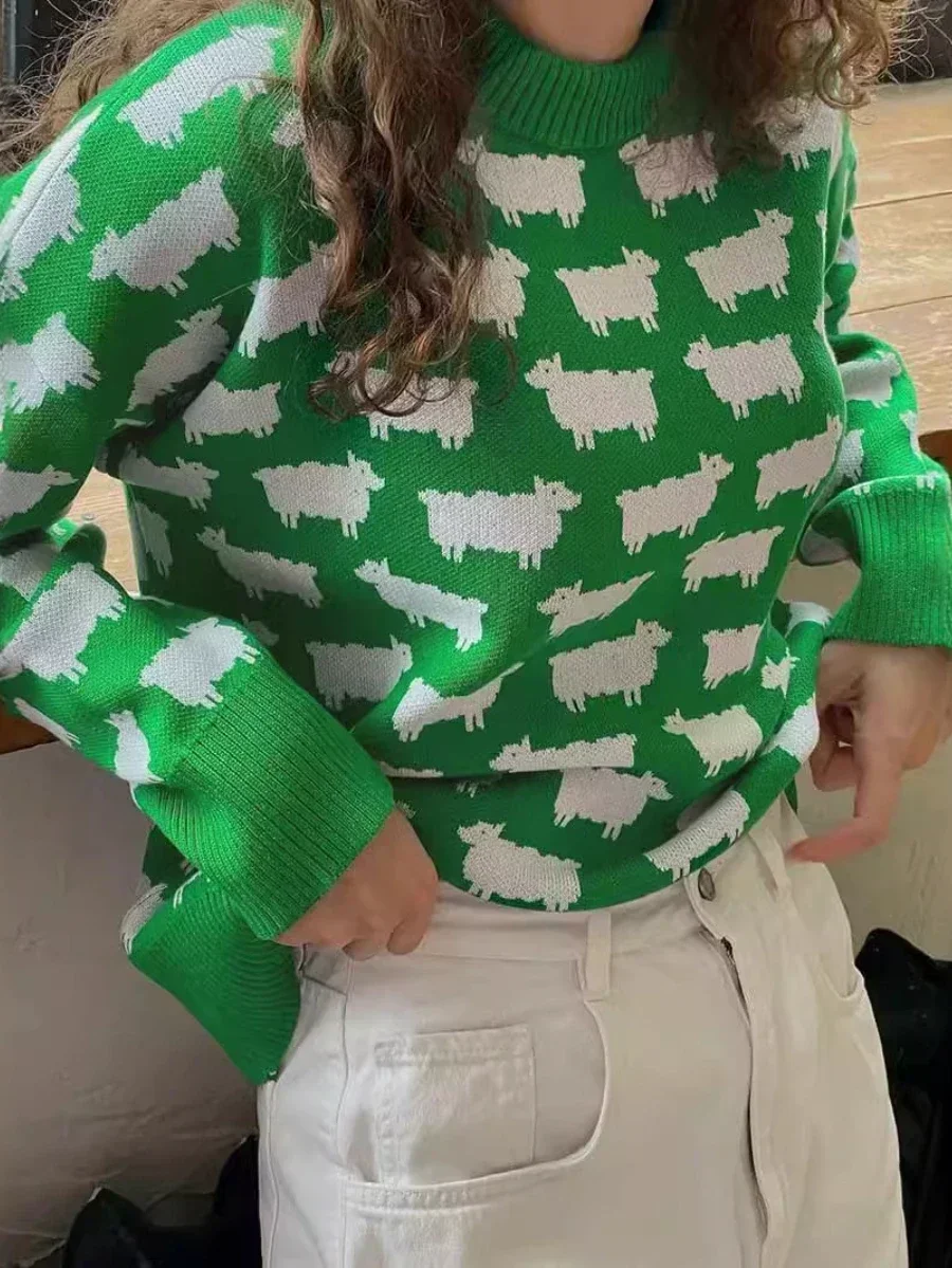 Bornladies-suéter con estampado de Alpaca y cuello redondo para mujer, suéter Retro holgado informal de longitud media, Jersey cálido para otoño e invierno