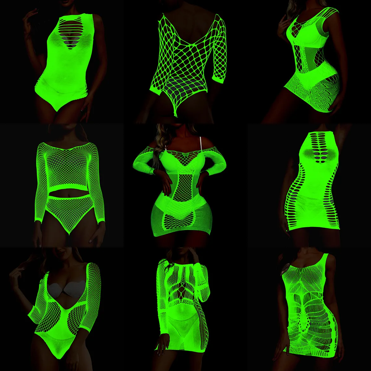 ‌ Świecąca w ciemności fluorescencyjna koszulka nocna z przezroczystej siateczki, modelująca sylwetkę, prześwitująca halka z wycięciami.