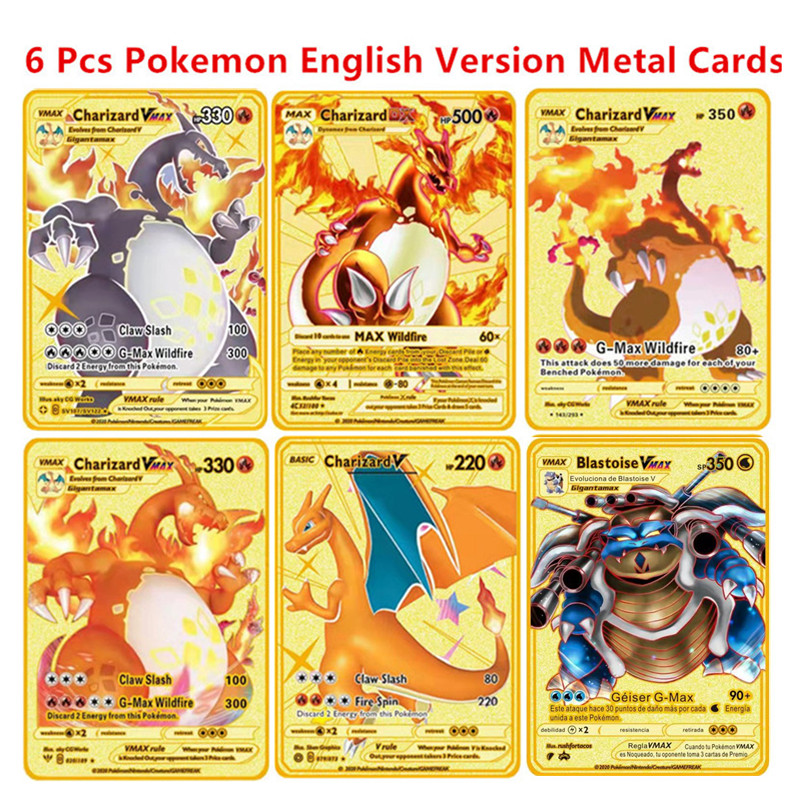 6-12 ชิ้น/เซ็ตภาษาอังกฤษรุ่น Pokemon การ์ดโลหะ Pikachu อะนิเมะ Battle Carte Trading พ็อกเก็ตมอนสเตอร์การ์ดของเล่นของขวัญ