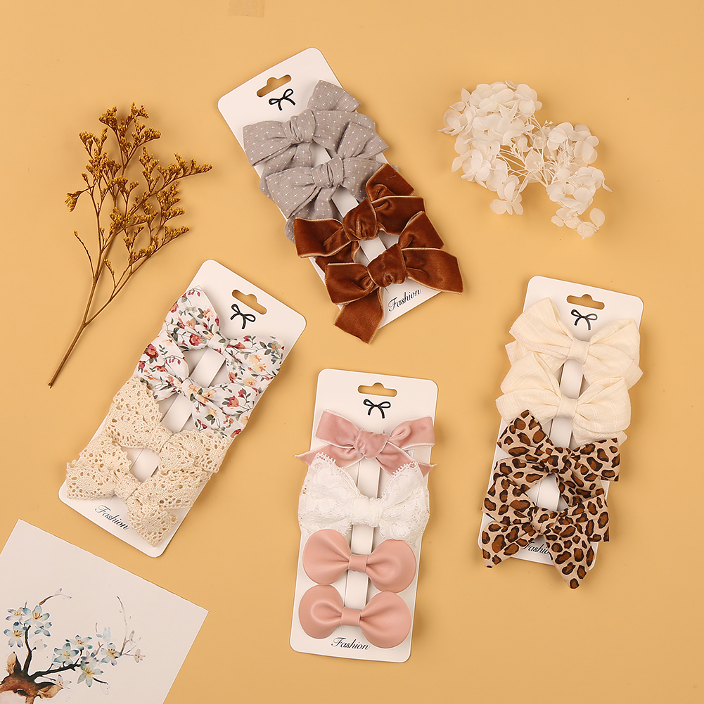 4 Cái/bộ Da Báo Chấm In Nơ Tóc Nơ Kẹp Bé Gái Ren Vải Lanh Cotton Barrettes An Toàn Kẹp Tóc Mũ Phụ Kiện