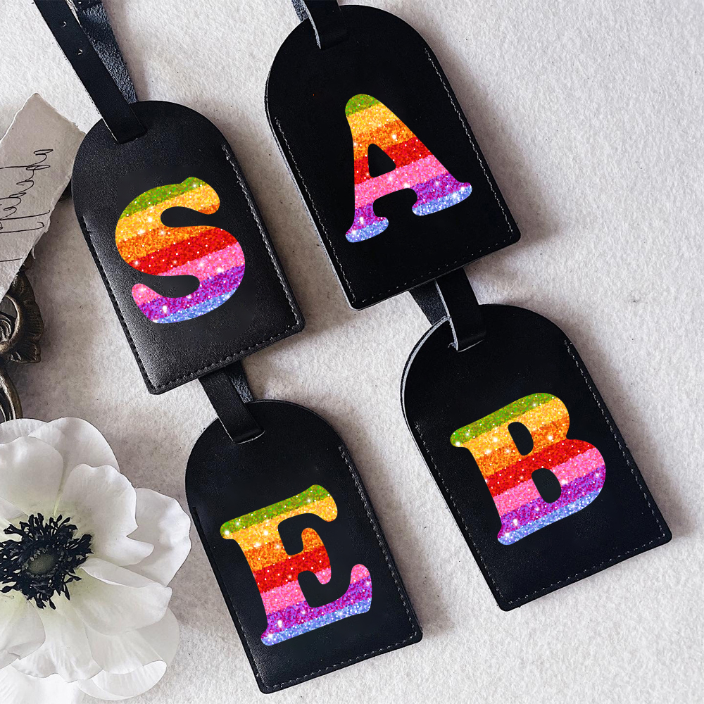 Etiquetas de equipaje de cuero con estampado de letras arcoíris A-Z para bolsa de viaje, maleta, bolso de viaje, etiqueta, regalos festivos de cumpleaños