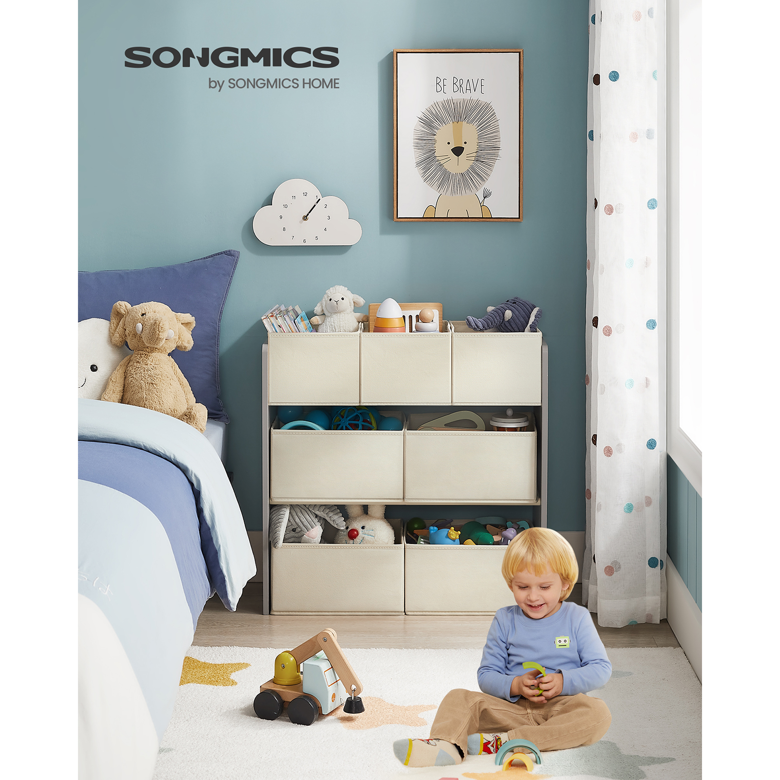 SONGMICS estantería para niños, 7 contenedores de tela no tejida, espaciosa, 29,5x62,5x60 cm, gris Paloma